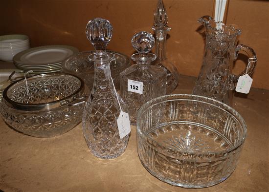 Three cut-glass decanters, water jug ,4 bowls & pair of salad servers